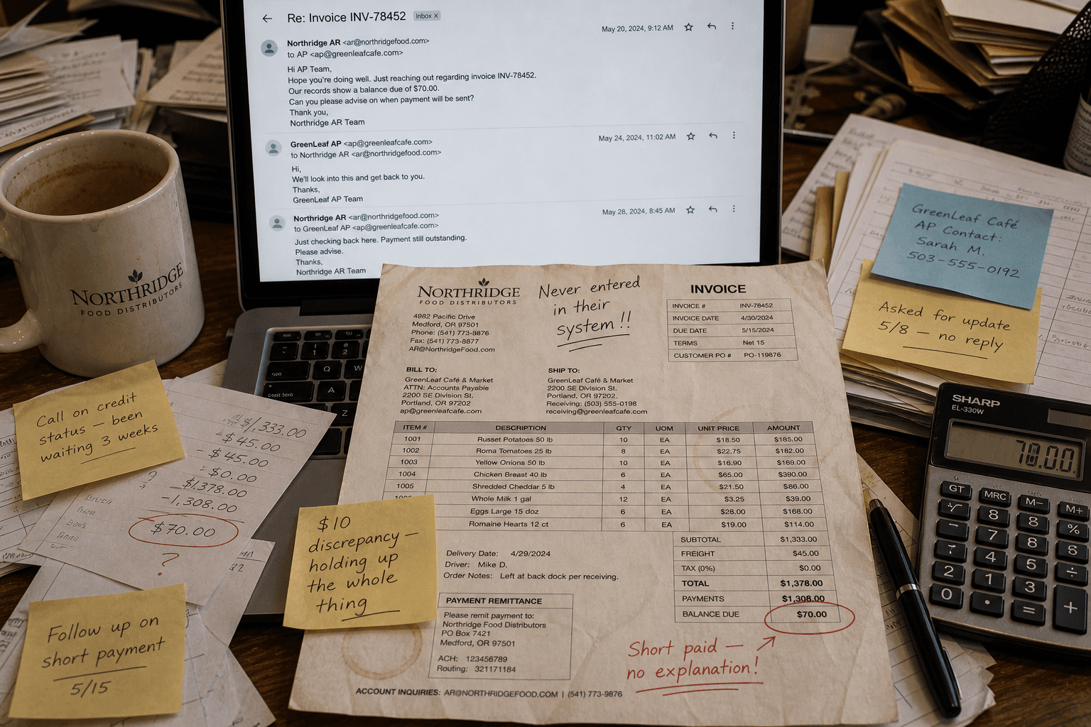 AR desk: invoice covered in handwritten sticky notes next to an email thread and a calculator