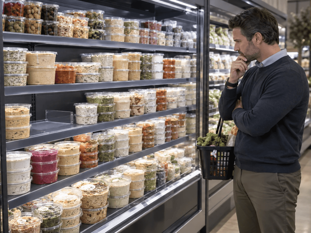 Shopper in front of a supermarket deli case where one product sold out, leaving an empty slot on the shelf — a sale you'll never get back