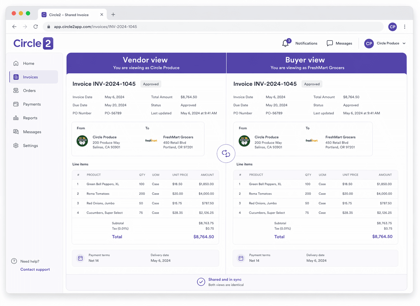 Circle2 shared invoice view, vendor and buyer seeing the same data