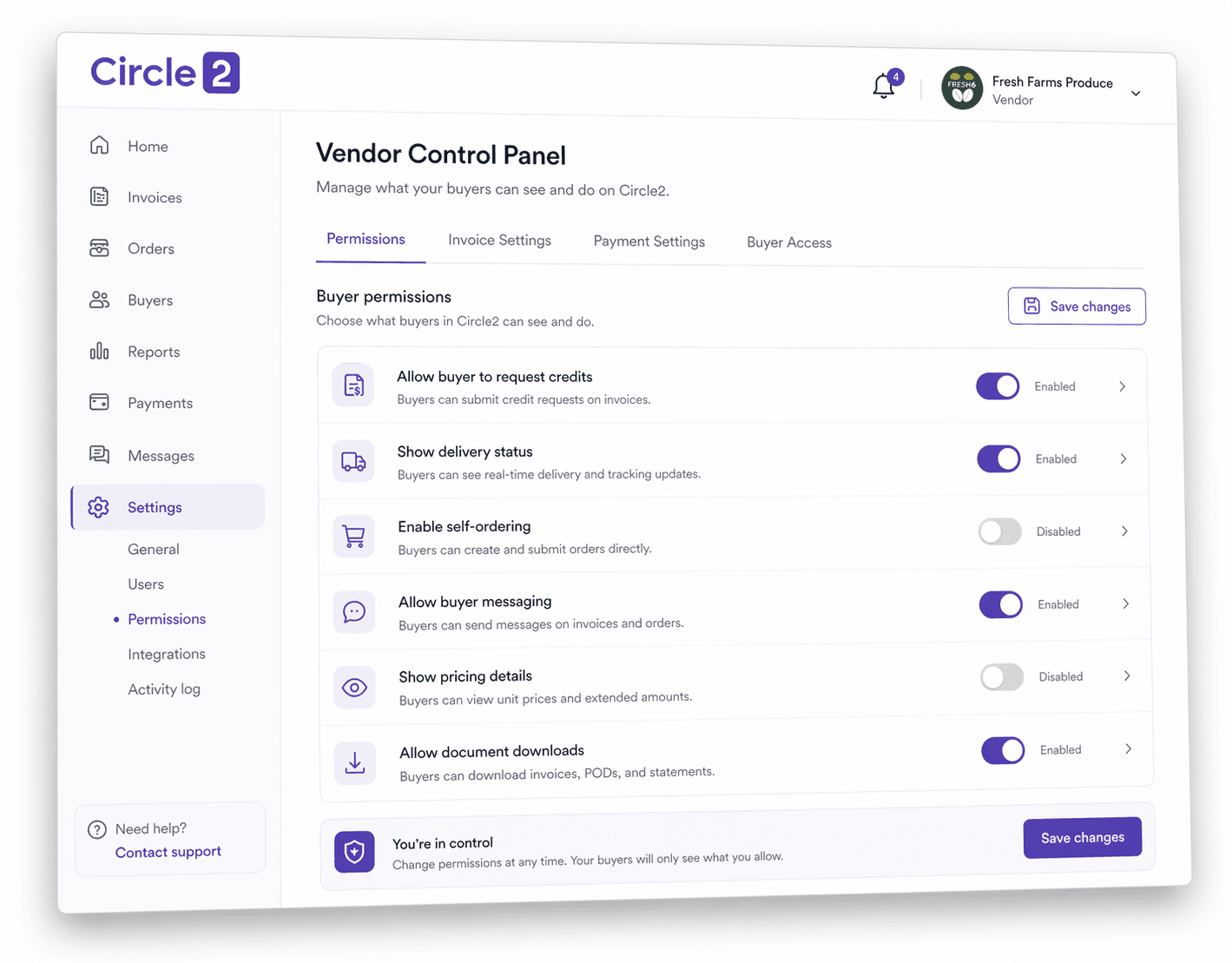 Circle2 Vendor Control Panel with permission toggles